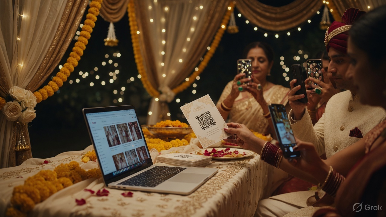 Wedding guests finding photographs on phones at a banquet while the photographer laptop runs offline